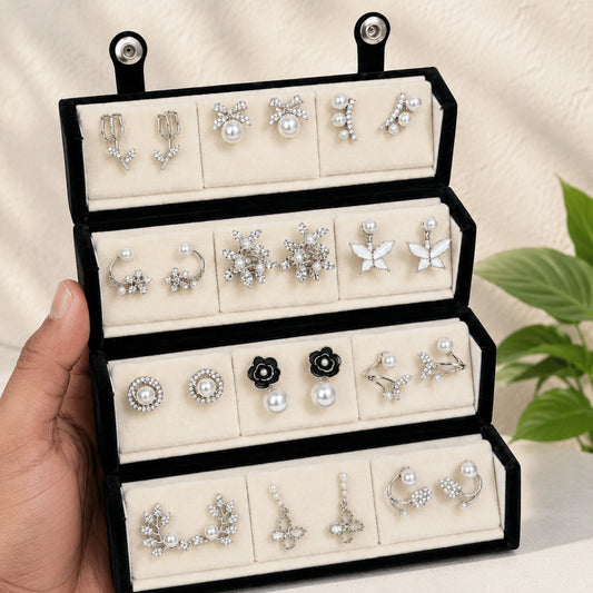 Silver Vine – 12 Pairs Korean Silver Stud Earrings Set with Velvet Box