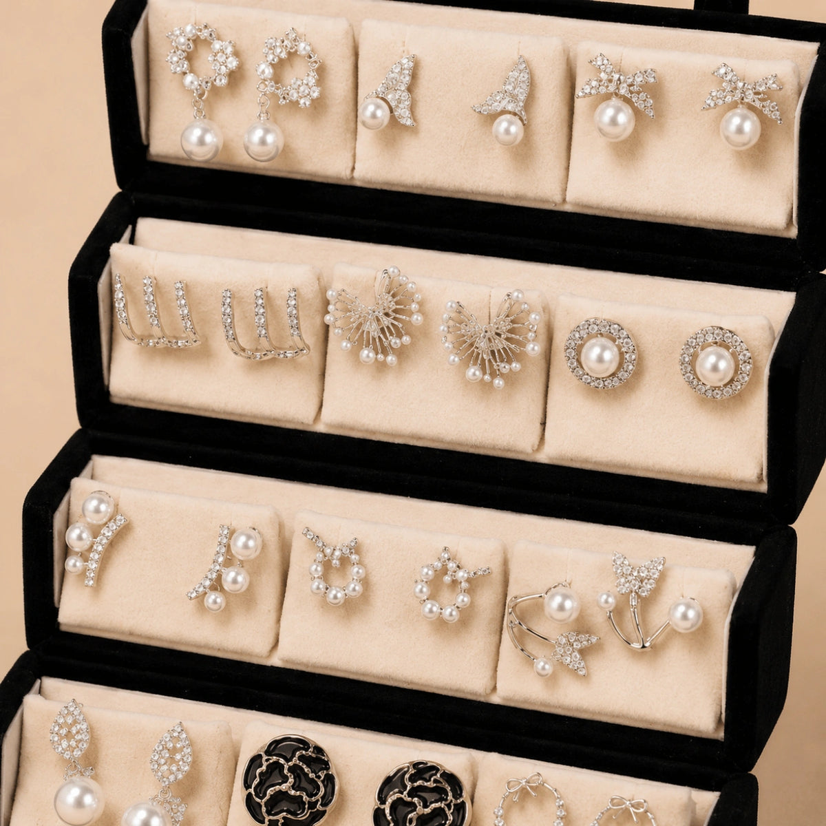 Silver Aura – 12 Pairs Korean Silver Stud & Hoop Earrings Set with Velvet Box