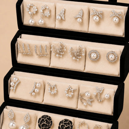 Silver Aura – 12 Pairs Korean Silver Stud & Hoop Earrings Set with Velvet Box