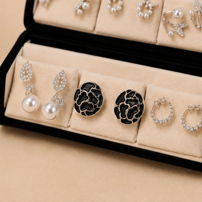 Silver Aura – 12 Pairs Korean Silver Stud & Hoop Earrings Set with Velvet Box
