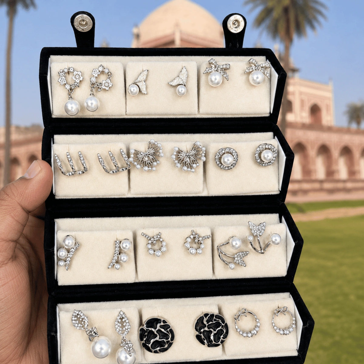 Silver Aura – 12 Pairs Korean Silver Stud & Hoop Earrings Set with Velvet Box