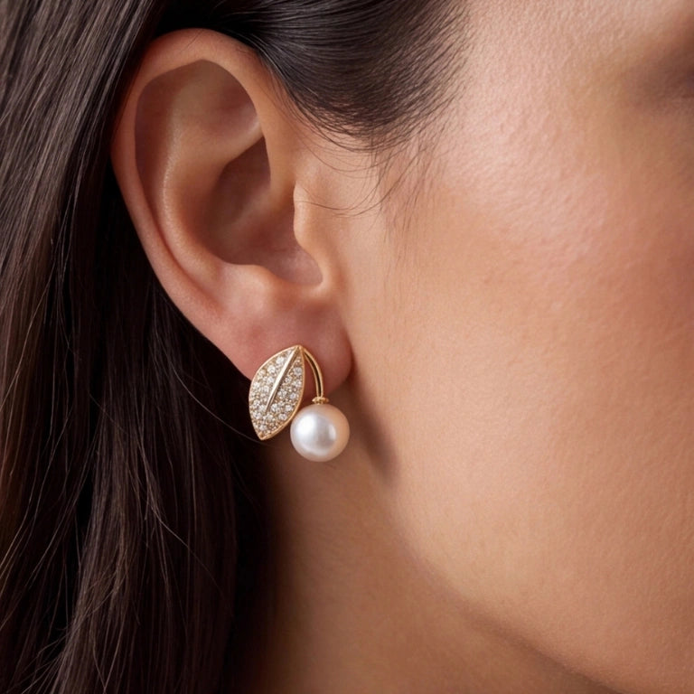 Golden Leaf Pearl Studs