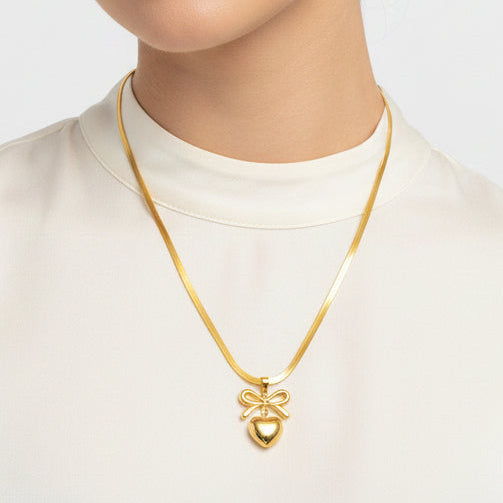 Elegant Bow Heart Herringbone Necklace