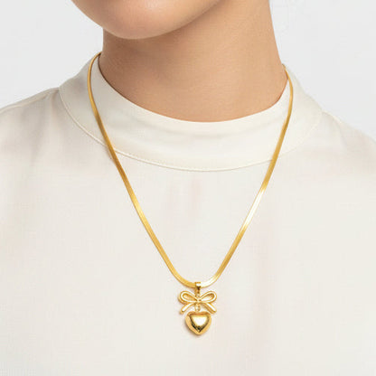 Elegant Bow Heart Herringbone Necklace