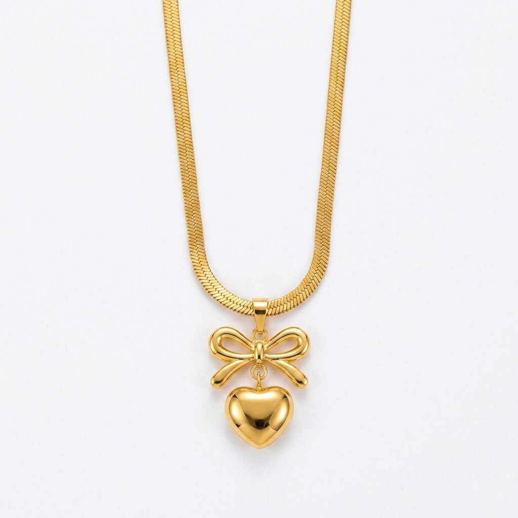 Elegant Bow Heart Herringbone Necklace