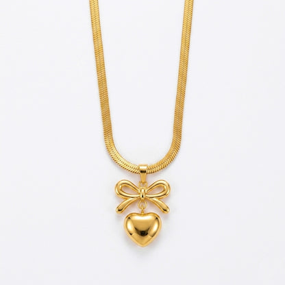 Elegant Bow Heart Herringbone Necklace