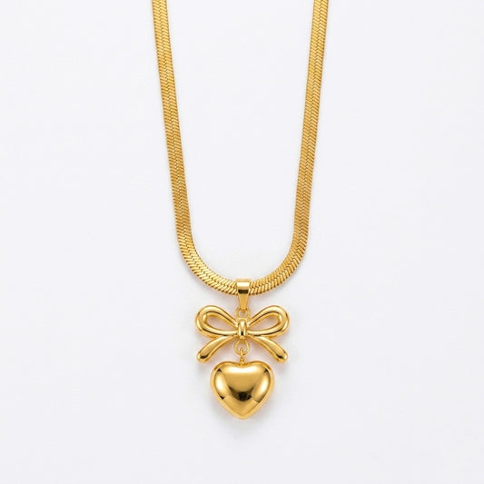 Elegant Bow Heart Herringbone Necklace